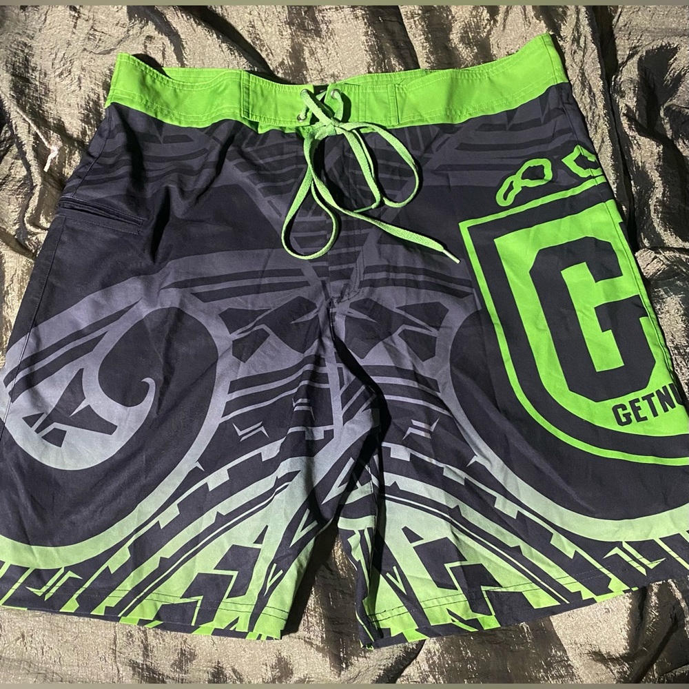 Men’s GN Board Shorts Size 36 Black & Neon Green Swim Trunks